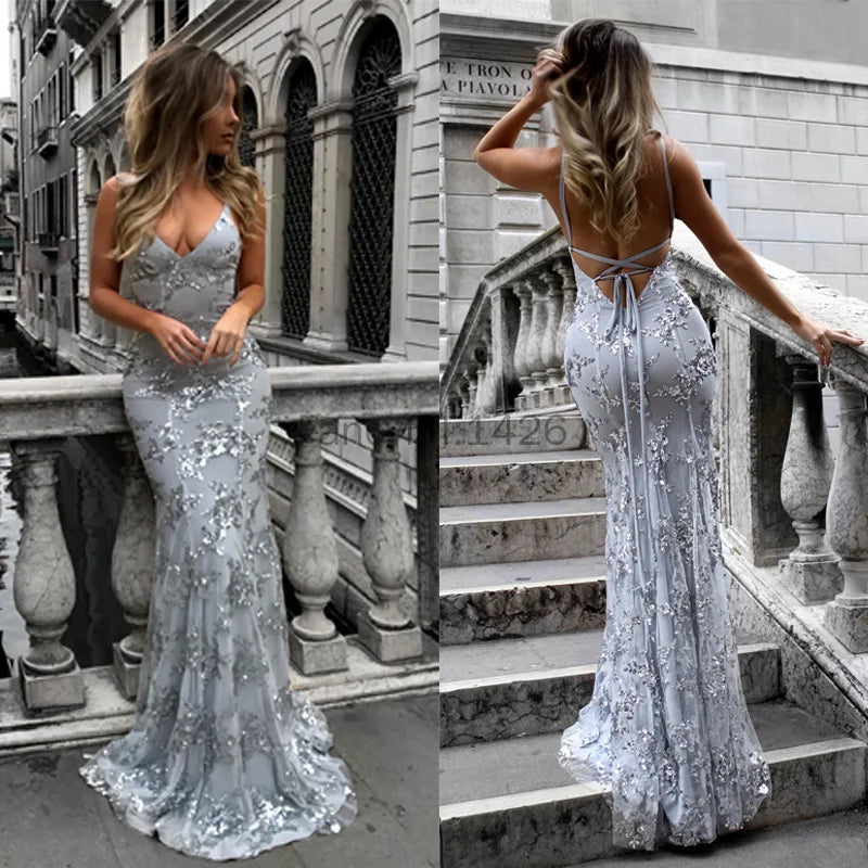 Sequin Backless V-Neck Dress