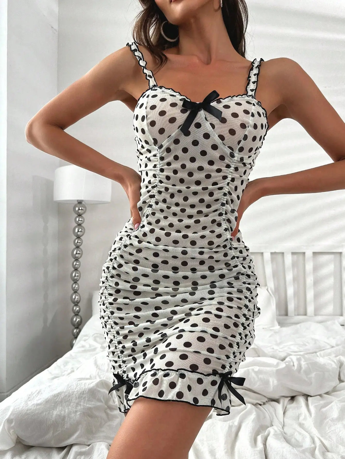 Polka Dot Pleated Slip Nightgown