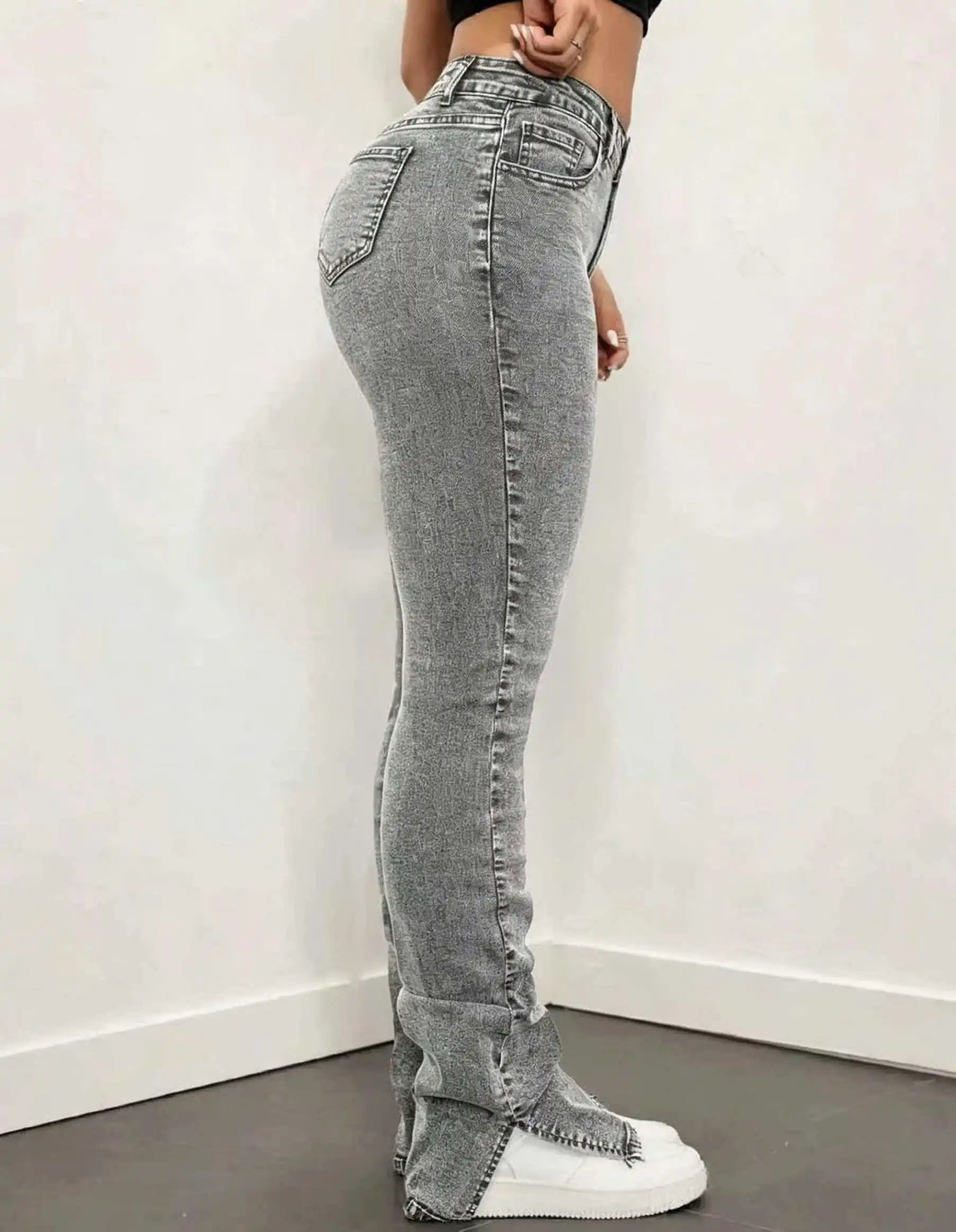 Grey Stacked Slit-Hem Jeans