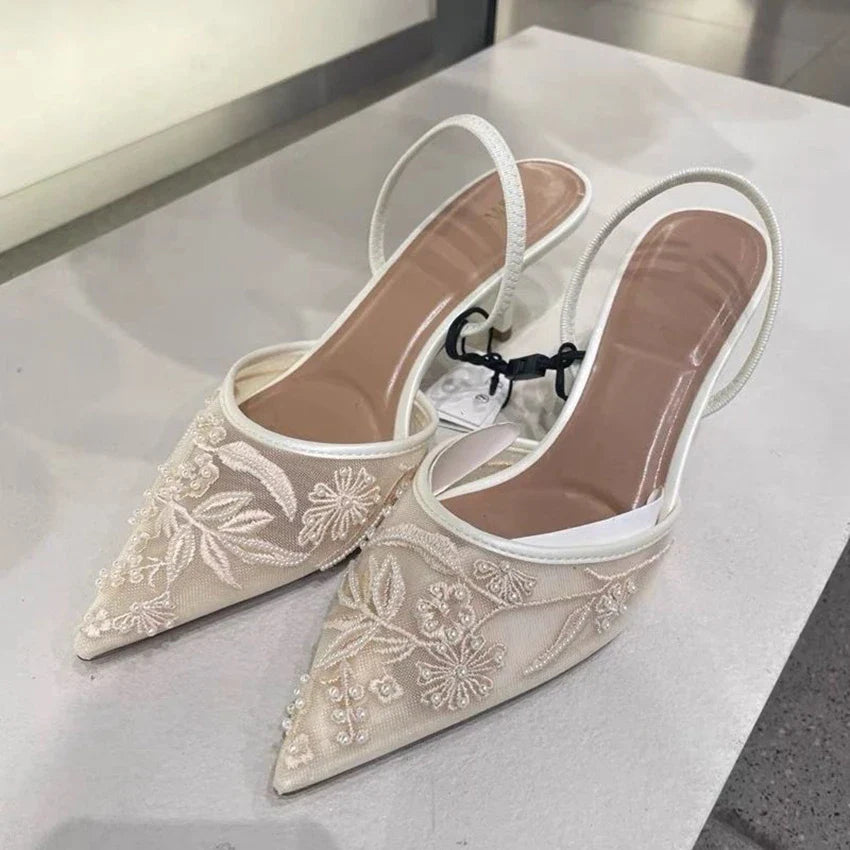 White Embroidered Slingbacks