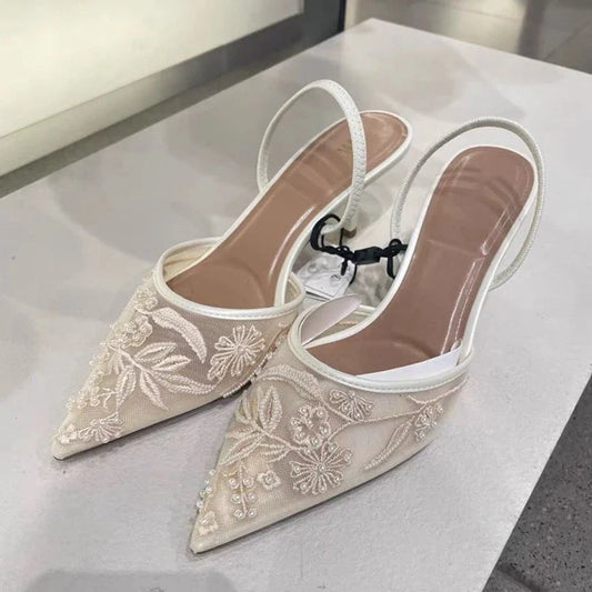 White Embroidered Slingbacks