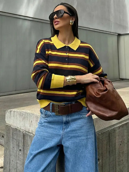 Striped Collared Knit Sweater