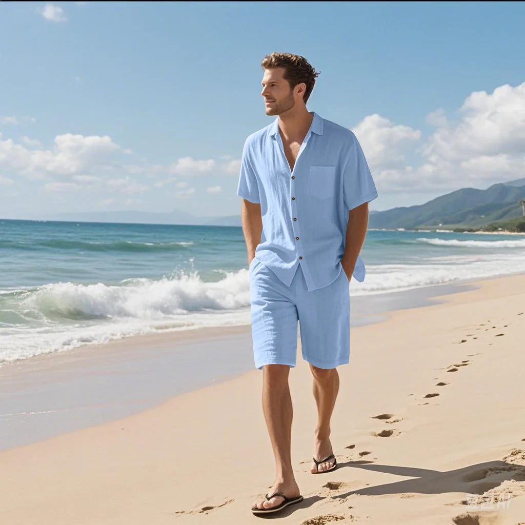Linen Lapel Beach Shirt Shorts Set