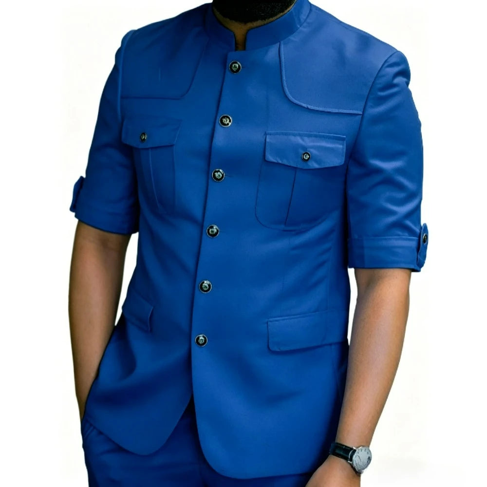 Safari Mandarin-Collar Blazer Pants Set
