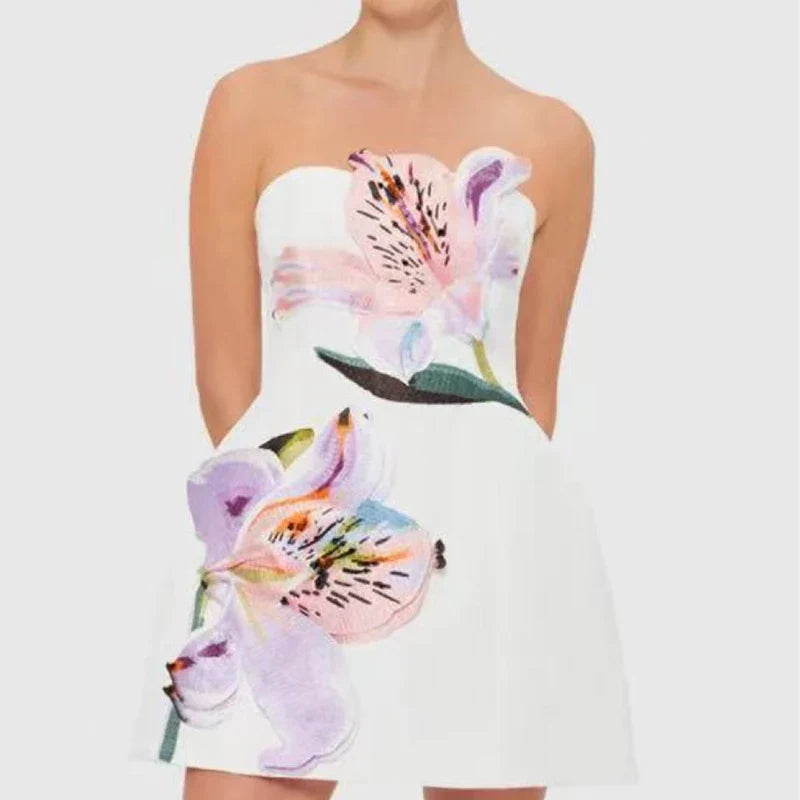 Flower Print Strapless Dress