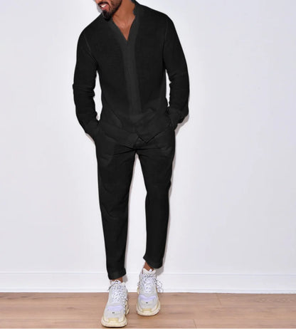 Linen Stand-Collar Loose Long-Sleeve Set