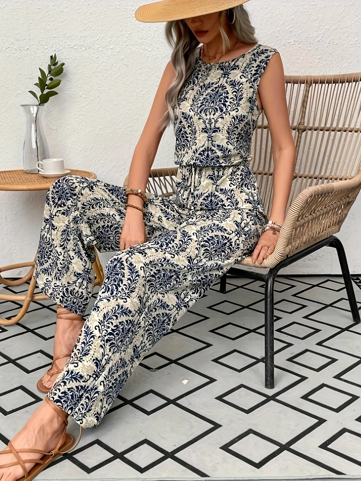 Paisley Sleeveless Wide-Leg Jumpsuit