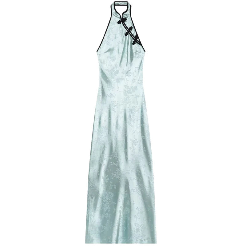 Satin Halter Qipao Maxi Dress