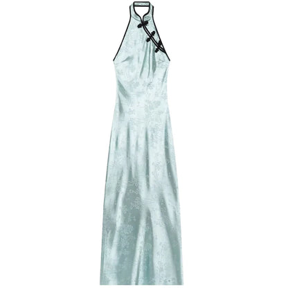 Satin Halter Qipao Maxi Dress