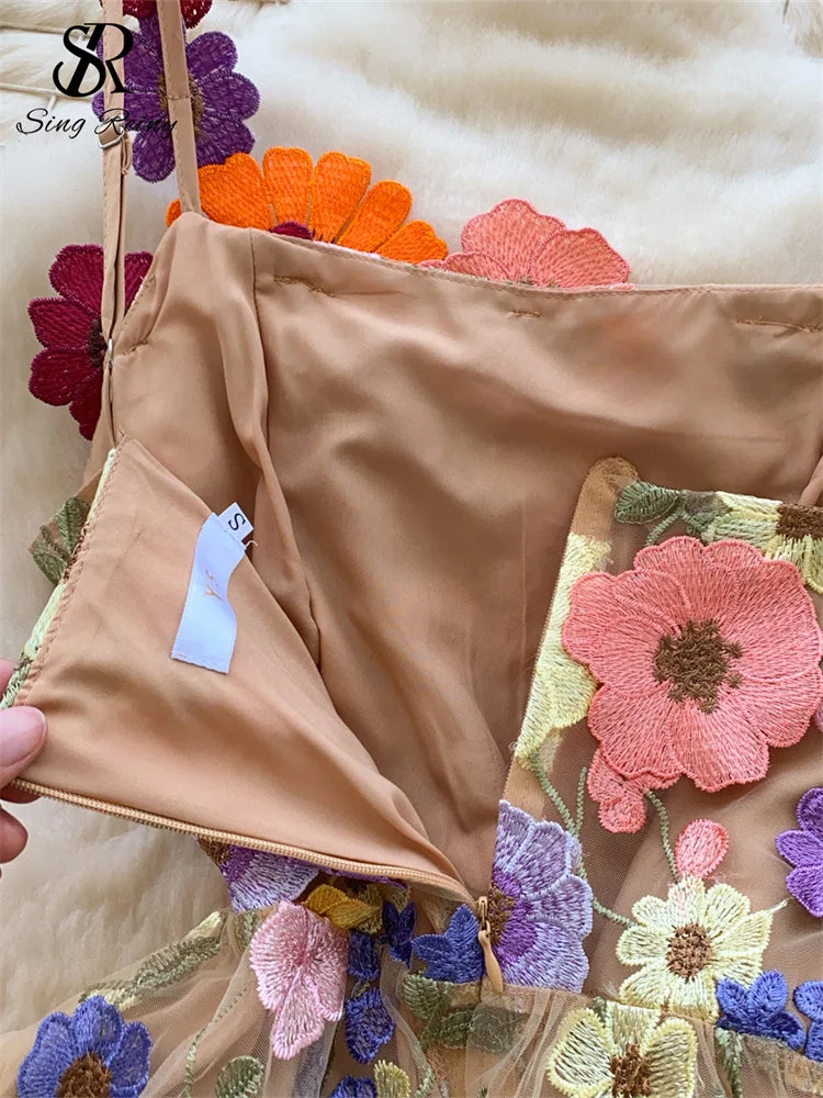 SINGREINY Chic Embroidery Strap Mini Dress