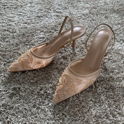 Embroidered Mesh Slingback Pumps