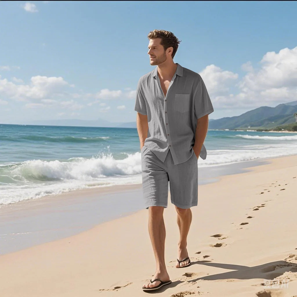 Linen Lapel Beach Shirt Shorts Set