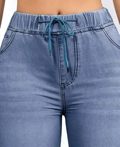 Elastic Drawstring Straight-Leg Jeans