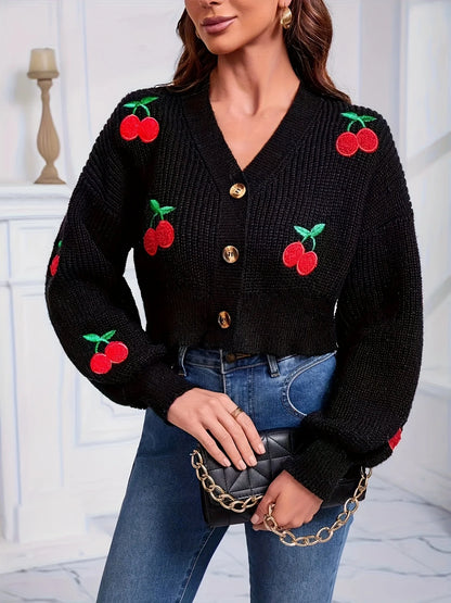 Cherry Embroidered V-Neck Cardigan