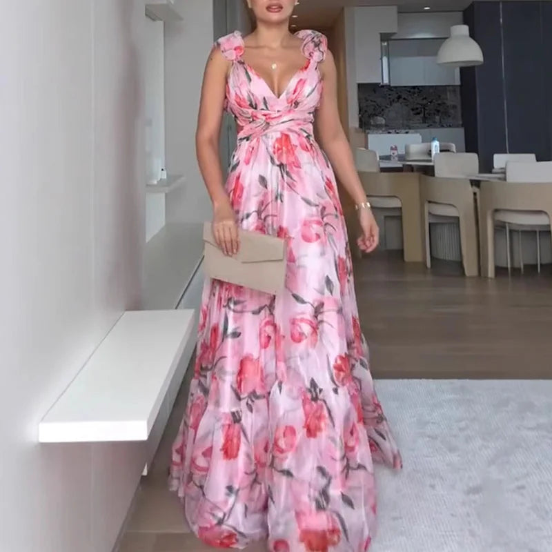Floral Ruffle Backless Maxi Dress