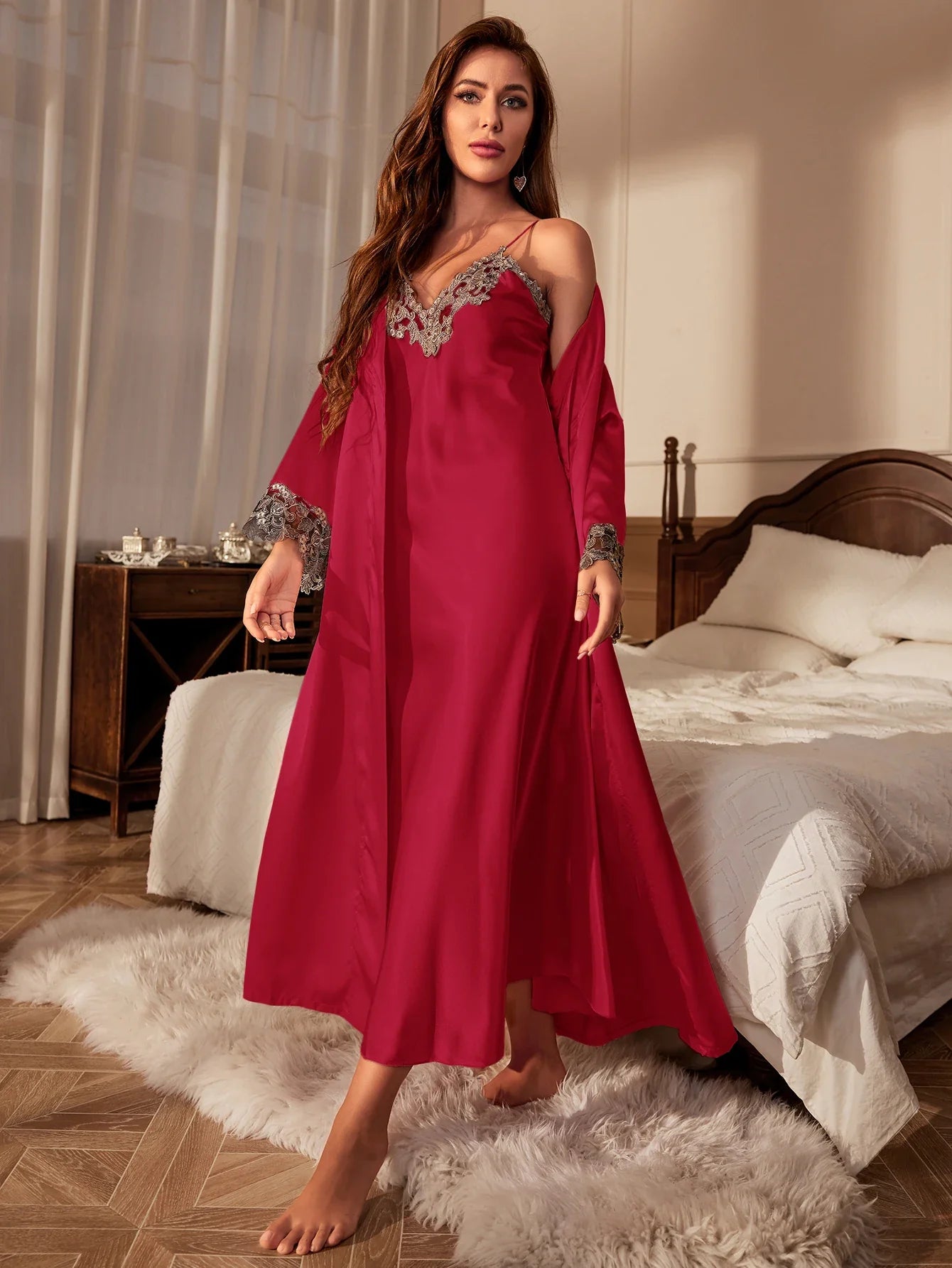 Contrast Lace Pajama Set with Belt