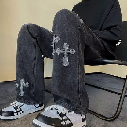 Cross Embroidery Loose Streetwear Jeans