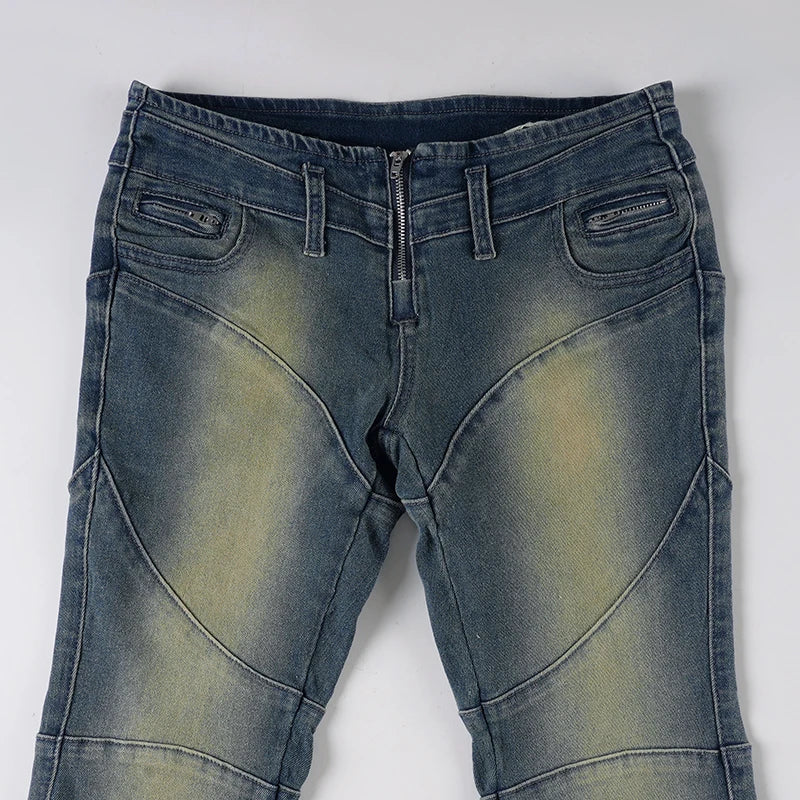 Distressed Paneled Low-Waist Jeans