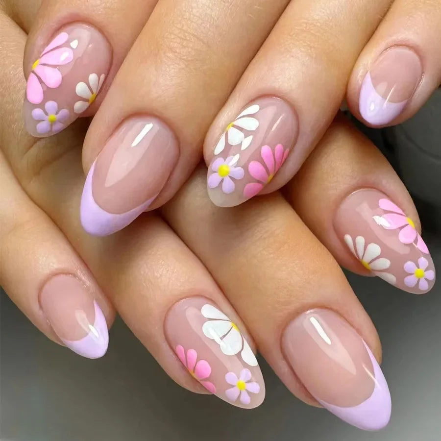 Pink Floral Press Nails