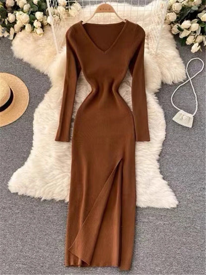 V-Neck Slit Sweater Dress