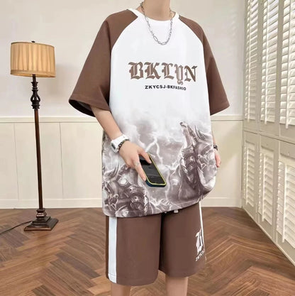 Letter Print Street Style Shorts Set