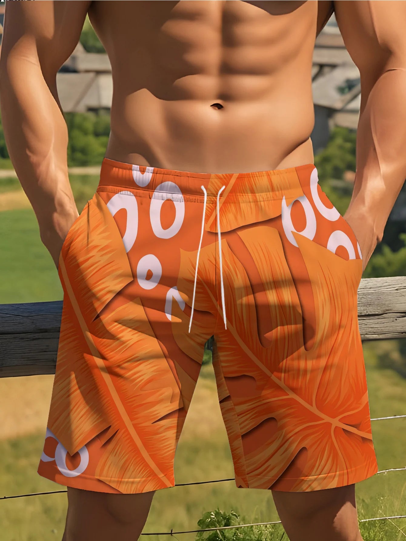Tropical Leaf Print Swim Trunks