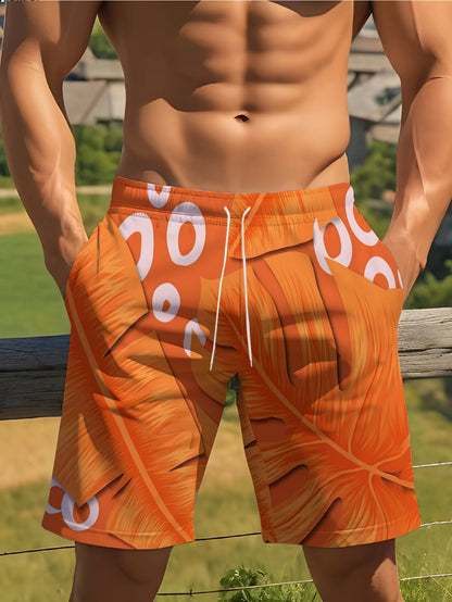 Tropical Leaf Print Swim Trunks