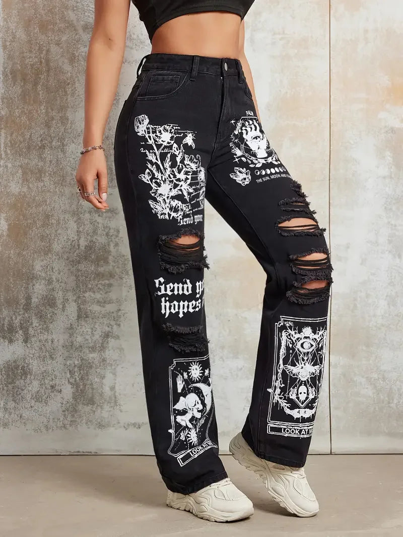 Print Ripped Straight Jeans