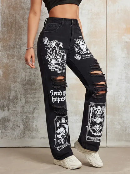 Print Ripped Straight Jeans