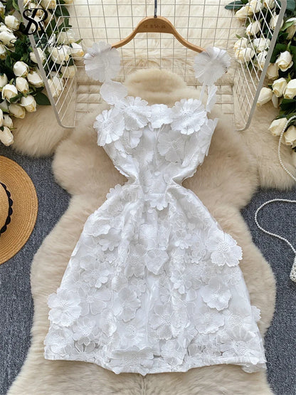 SINGREINY Chic Embroidery Strap Mini Dress