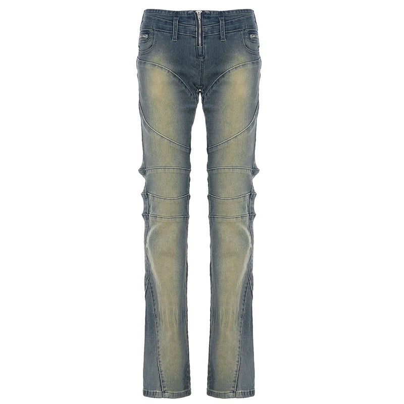 Distressed Paneled Low-Waist Jeans