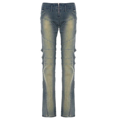 Distressed Paneled Low-Waist Jeans