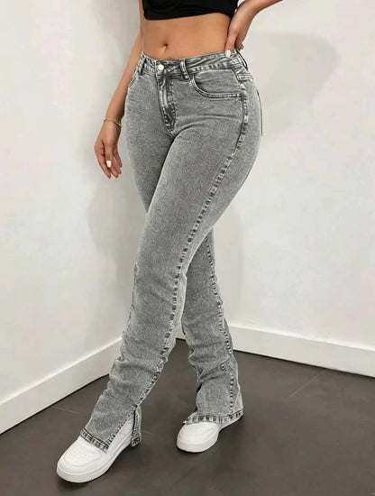 Grey Stacked Slit-Hem Jeans