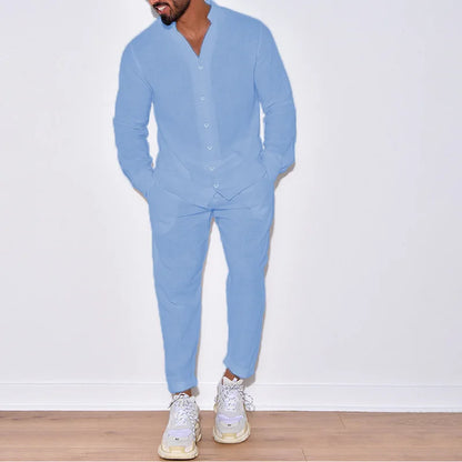 Linen Stand-Collar Loose Long-Sleeve Set