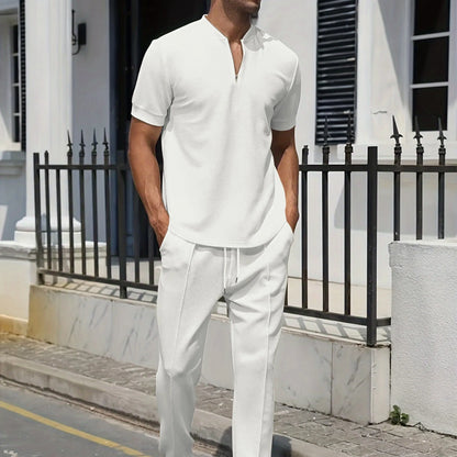 Waffle Polo Stand-Collar Trousers Set