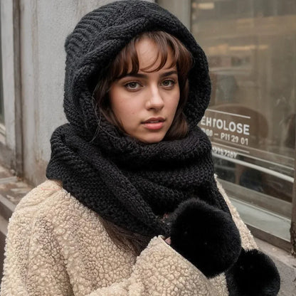 Pom Beanie with Attached Scarf