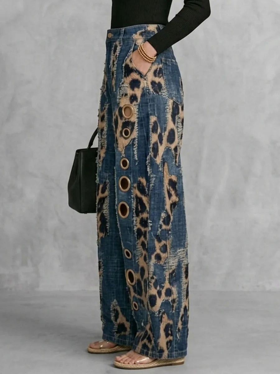 Leopard Distressed Wide-Leg Jeans