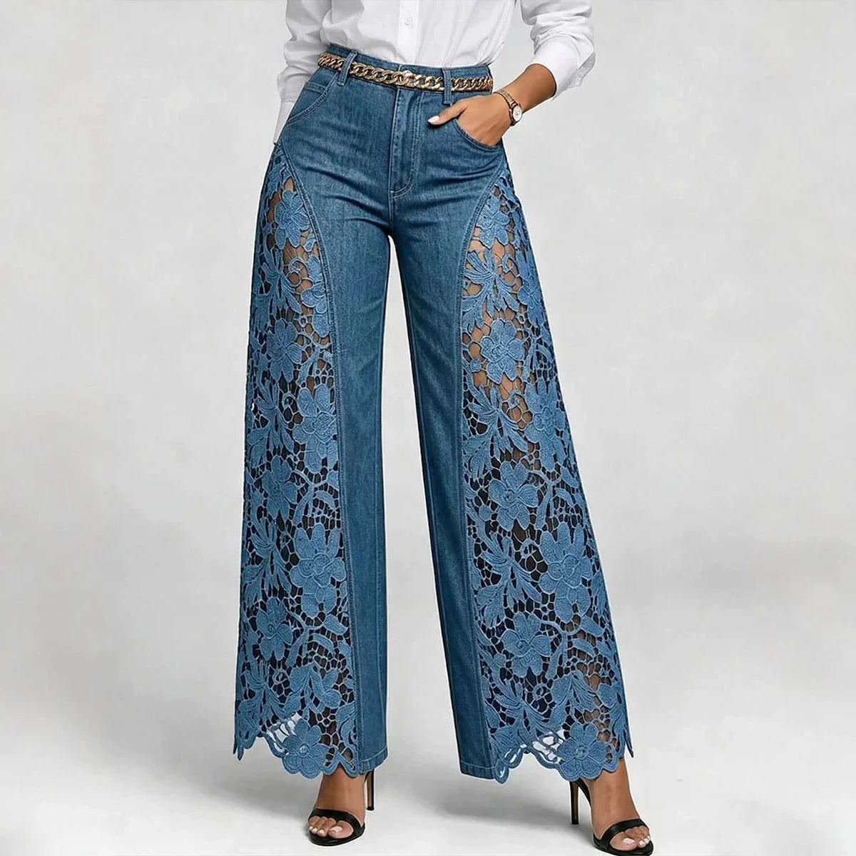 Lace Hollow-Out Wide-Leg Jeans