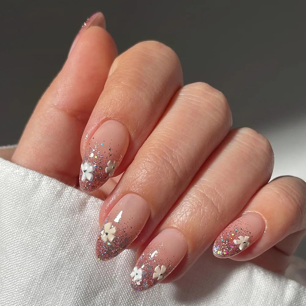 Pink Floral Almond Press On Nails