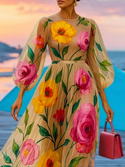 Floral Chiffon Puff Sleeve Dress