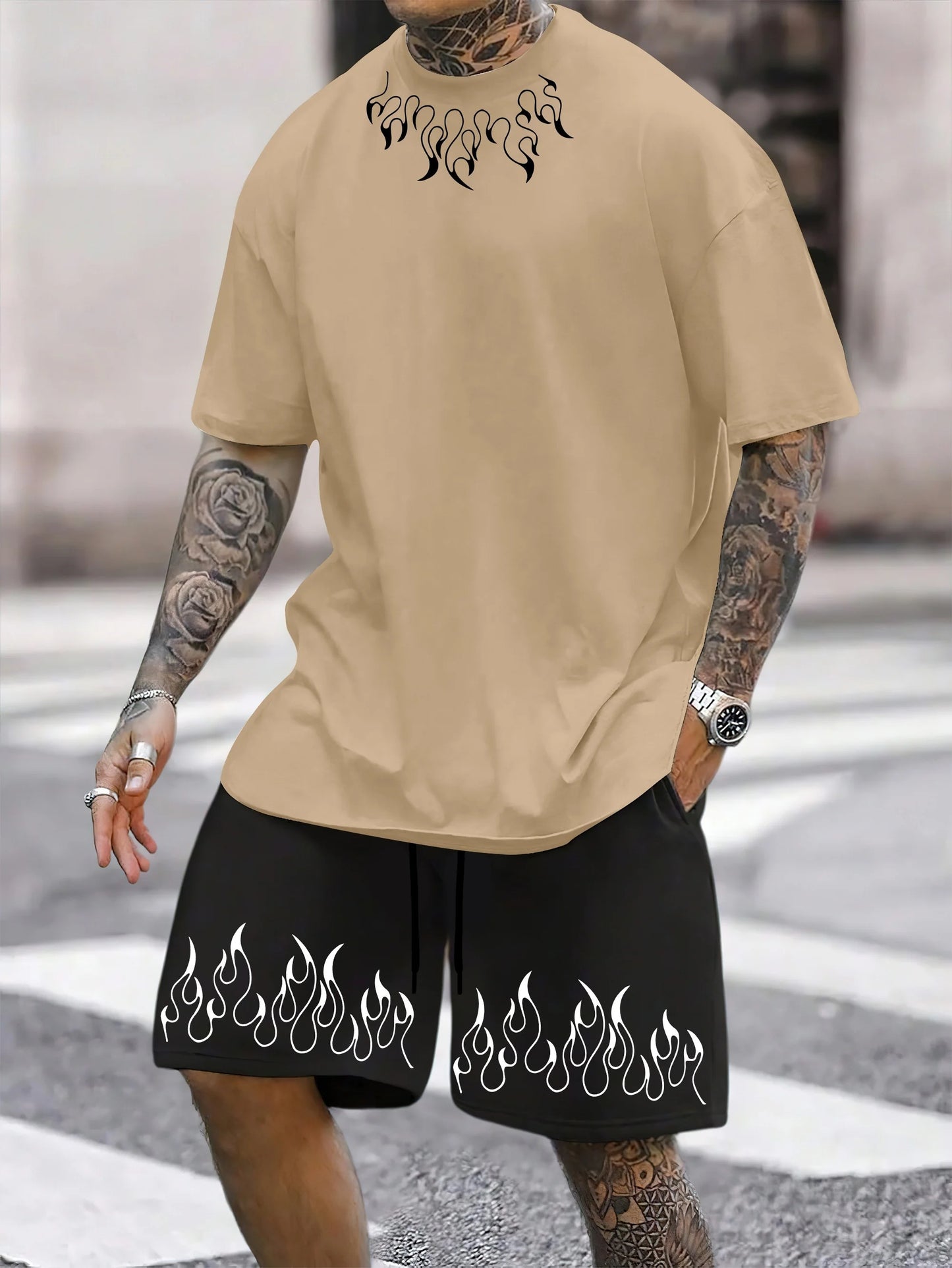 Striped Print Short-Sleeve Sports Set