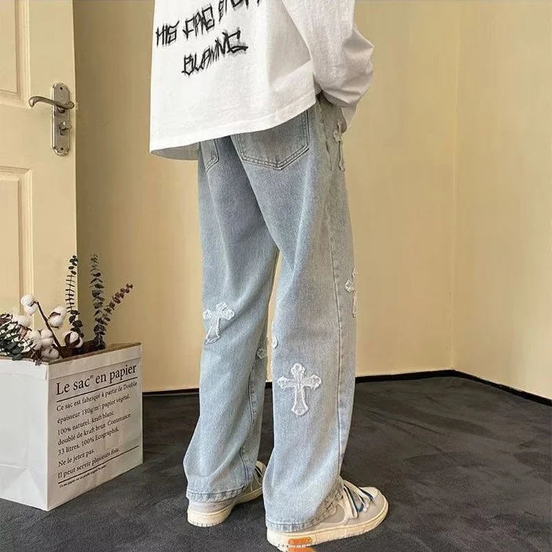 Cross Embroidery Loose Streetwear Jeans