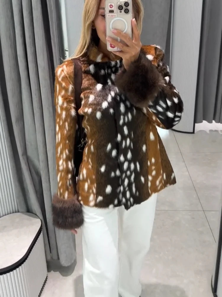 Deer Print Faux Fur Jacket