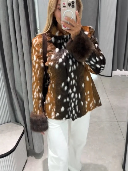 Deer Print Faux Fur Jacket