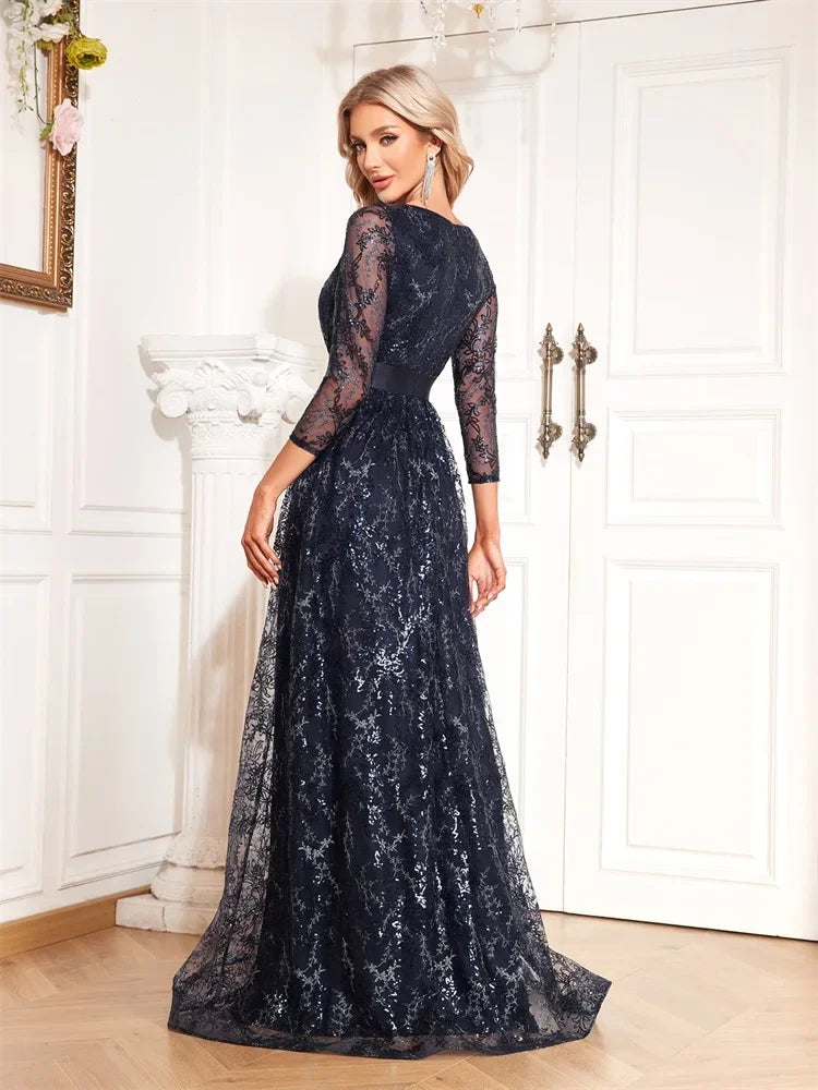 Elegant Blue V-Neck Floral Evening Dress