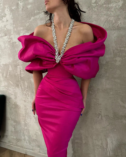 Celurvei Crystal Ruffle Halter Bandage Dress