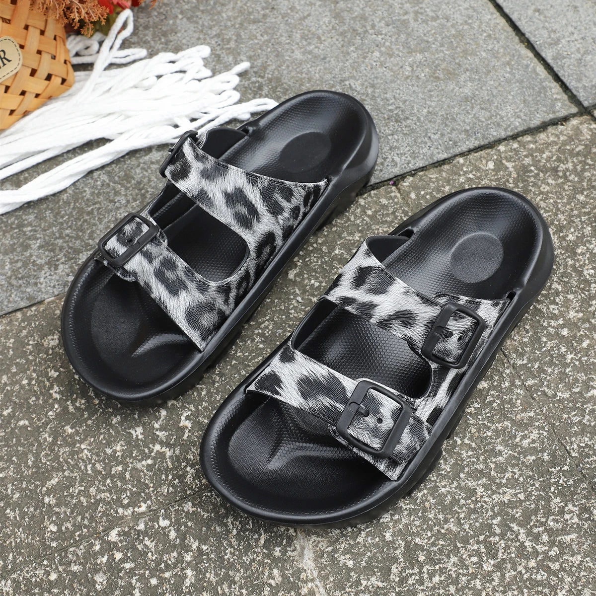 Leopard Buckle Summer Slides
