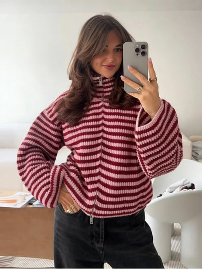 Striped Zip-Up Knit Cardigan