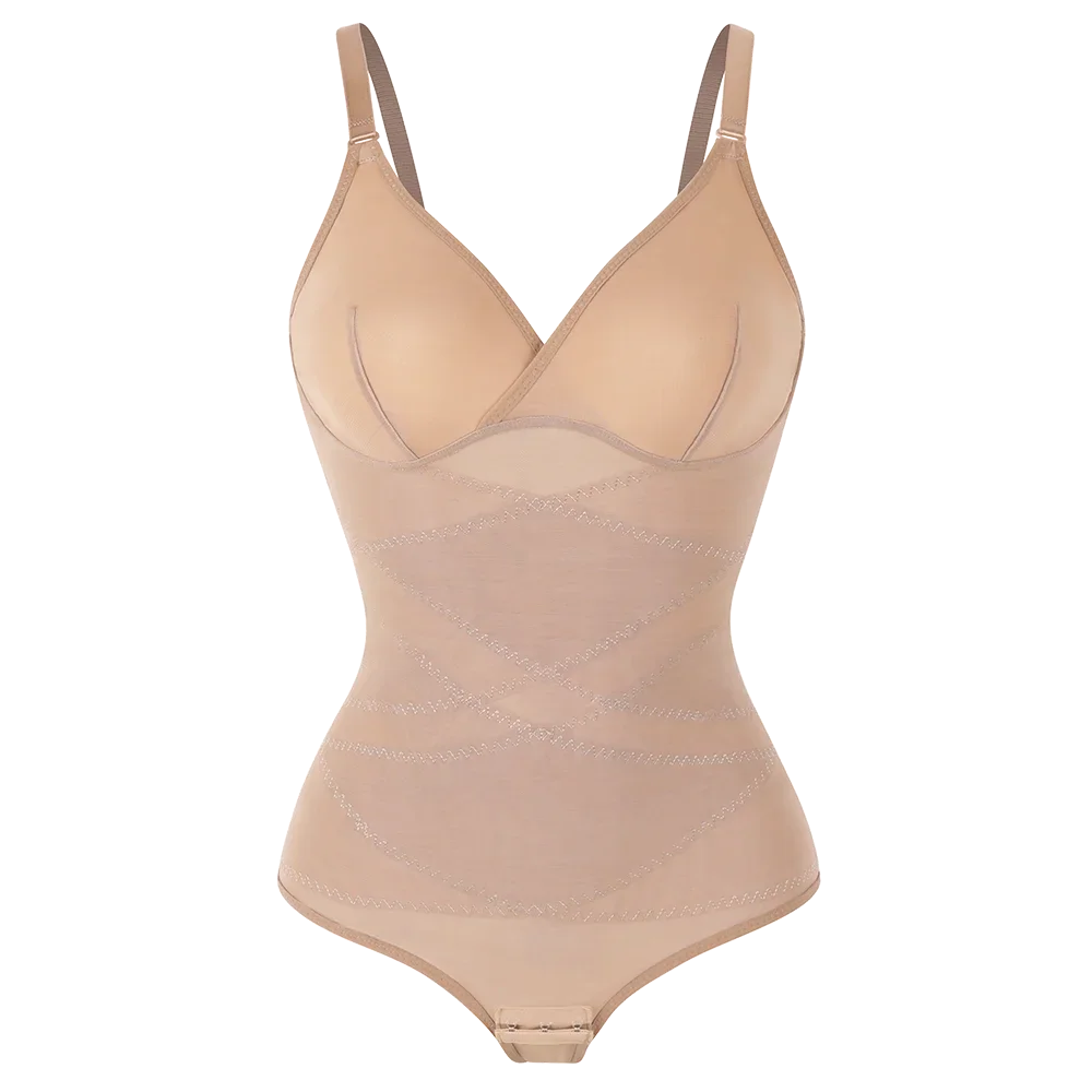 Cross-Waist Mesh Shapewear Bodysuit