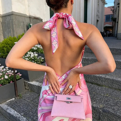 Satin Halter Backless Print Dress